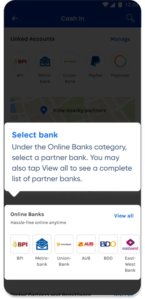 Select bank: Under the Online Banks category, select a partner bank. You may also tap View all
to see a complete list of partner banks.
