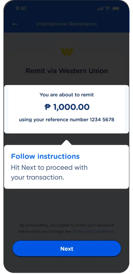 Follow instructions: Hit Next to proceed with 
your transaction.