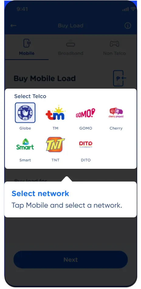 Select network: Tap Mobile and select a network.
